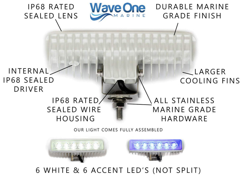 Wave One Marine Dual Color LED Boat Spreader Light Deck Flood Beam Stainless Hardware & Bracket IP68 Waterproof Multicolor Bright High Lumen Output (White Housing, White & Blue) White Housing White | Blue
