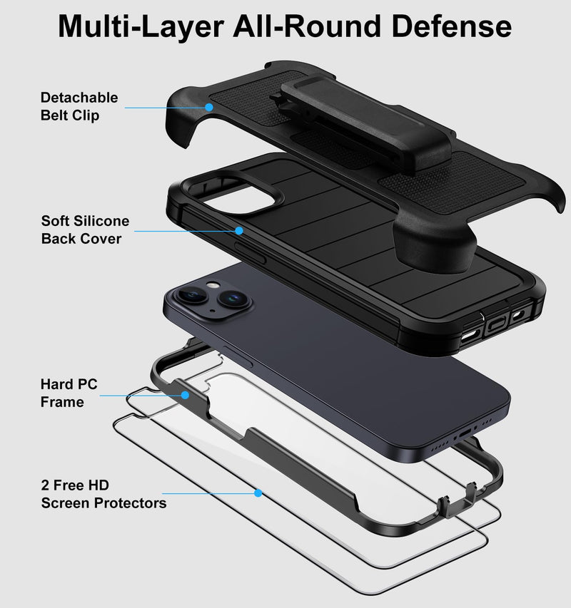 for iPhone 14 Case/iPhone 13 Case with Belt Clip Holster Screen Protectors, Heavy Duty Military Grade Shockproof Protection Rugged Anti-Drop Kickstand Phone Cover for Apple 14/13 (Black) Black