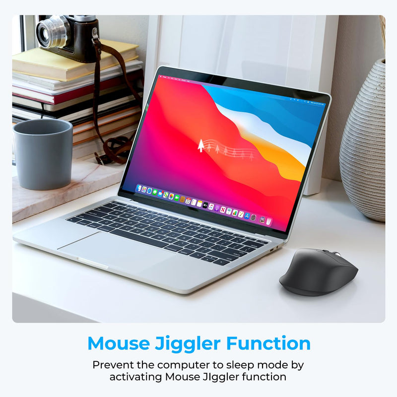 iClever Bluetooth Mouse, MD360 Wireless Ergonomic Mouse with Mouse Jiggle, Rechargeable Computer Mouse for Multi Devices(BT+2.4Ghz Connection), 4 Adjustable DPI for Laptop, iPad, Mac, PC