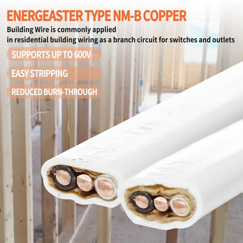 Energeaster Solid Indoor 14/2 W/G NMB Cable 25ft Coil，Electrical Wire 14 Gauge Wire 2 Conductors Non-Metallic with Ground Wire(White) 2x14AWG-White
