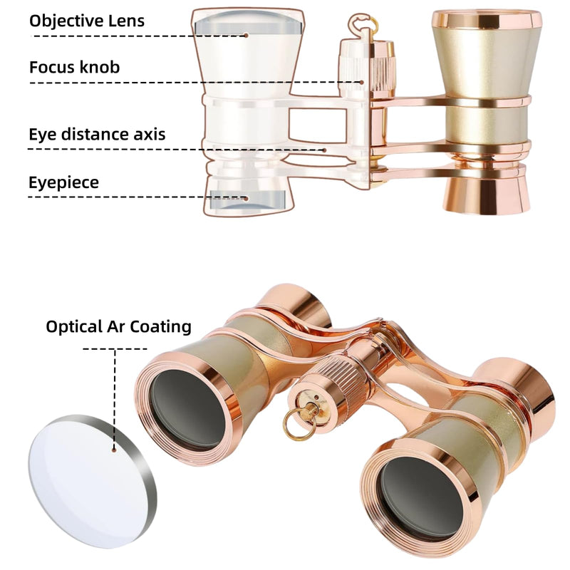 Opera Glasses Binoculars, Theatre Binoculars, 3X25, Metal Material, Vintage and Refined, with Adjustable Handle for Adults Kids Women in Musical Concert Cinema. opera glasses gold