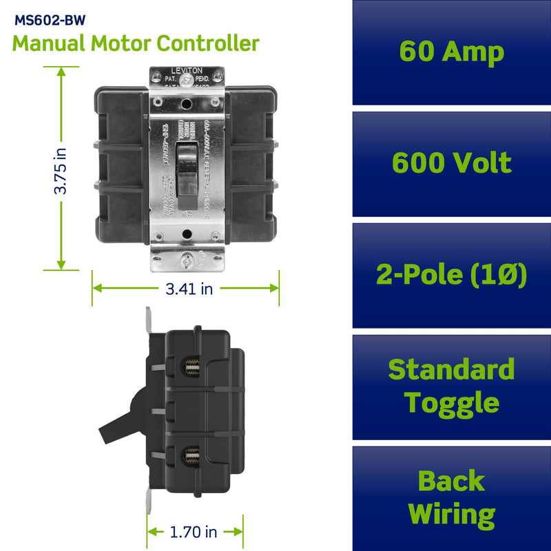 Leviton 60 Amp, 600 Volt, 2-Pole, Single Phase Single Throw, AC Manual Motor Controller, Standard Toggle, Industrial Grade, Non-Grounding, Back Wired, MS602-BW, Black