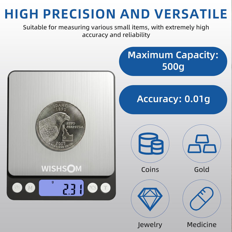 Professional Jewelry Scale, 500g x 0.01g High Precision Digital Gold Scale, Portable Precious Metal Gram Scale for Jewelers, Pawn Shops, Coin Dealers, Gold & Silver Weighing