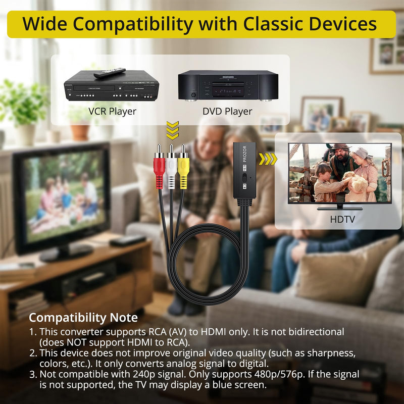 PROZOR RCA to HDMI Converter 1.5ft Cable, AV Composite CVBS Audio Video Adapter, 1080P, 4:3/16:9 Switch, for PS1/PS2/N64/Wii/Xbox, VCR/VHS/DVD Players to HDTV, Plug & Play