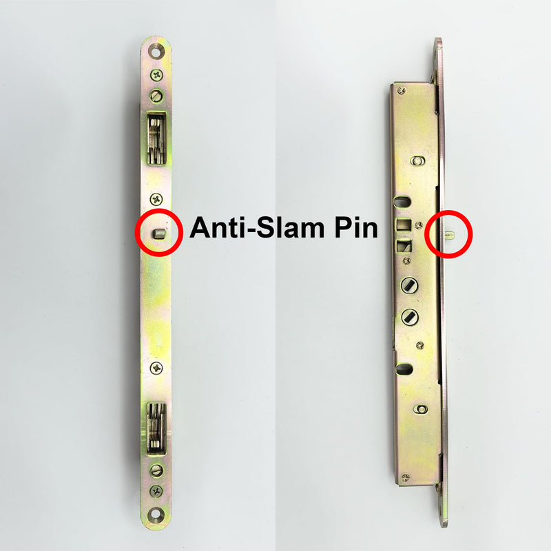 2 Point Sliding Patio Glass Door Mortise Lock with 11-3/4" Faceplate, Dual Point Hooks with Anti-Slam Pin, 45° Keyway, A/B Position, 3-15/16" Handle H.C. (Sold Separately), Non-Handed 2 Point Mortise Latch