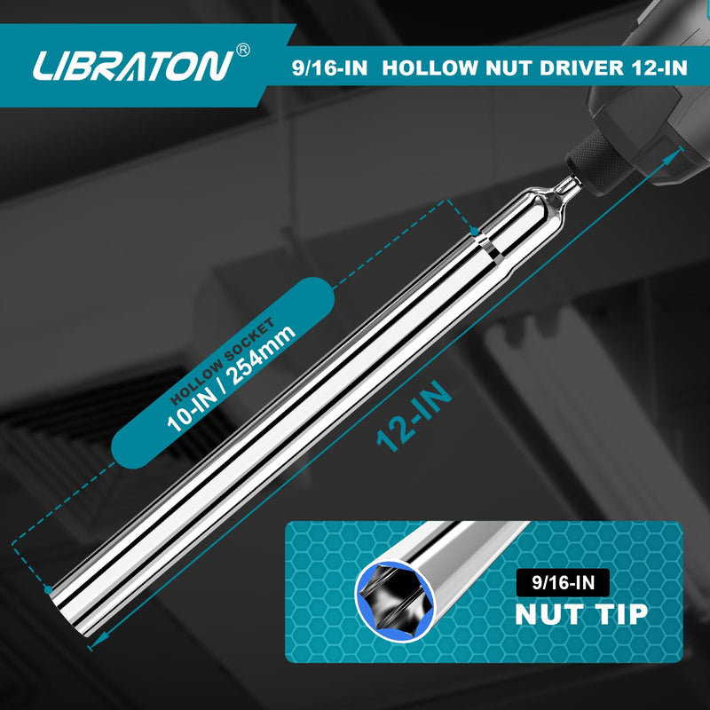 Libraton Hollow Nut Driver, Power Nut Driver Set 9/16", 12 inch Long with 1/4" Hex Shank 12-inch long 9/16-inch