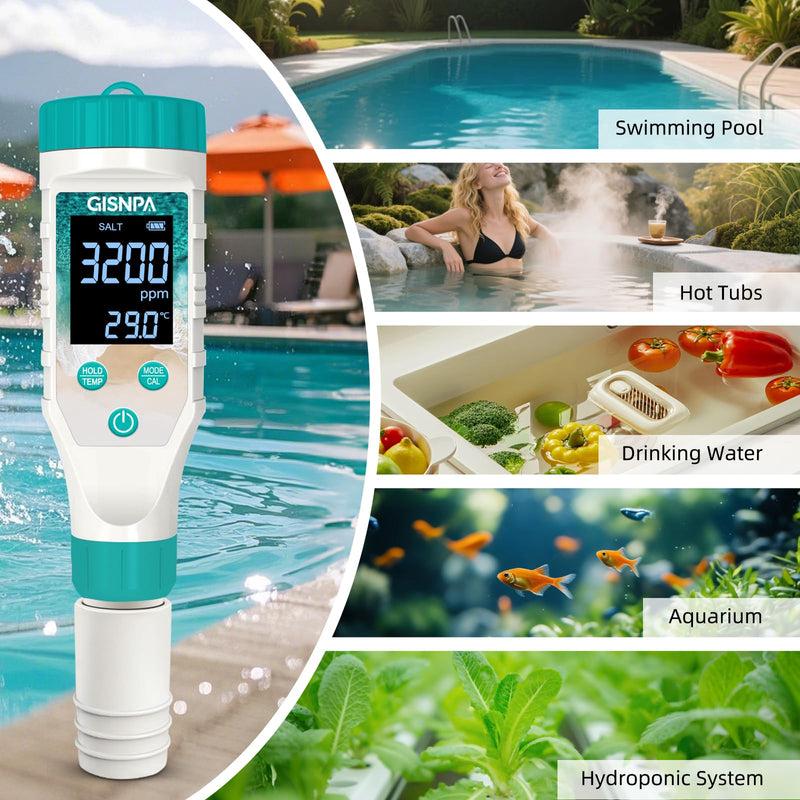 Chlorine Tester & Pool Salt Tester, Digital Pool Water Tester, Pool pH Tester 7 in 1 FAC Digital Salinity Tester for Saltwater Aquarium Sodium Chloride Swimming Pools Hot Tubs Spas Green