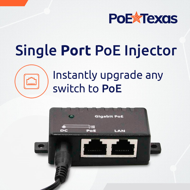 Poe Texas PoE Injector - Single Port Power Over Ethernet Passive PoE Adapter - 10/100/1000 Gigabit Data - Includes 48V 15W Power Supply - Wall Mounting Plug & Play for Home Office, VoIP Phone, WiFi AP