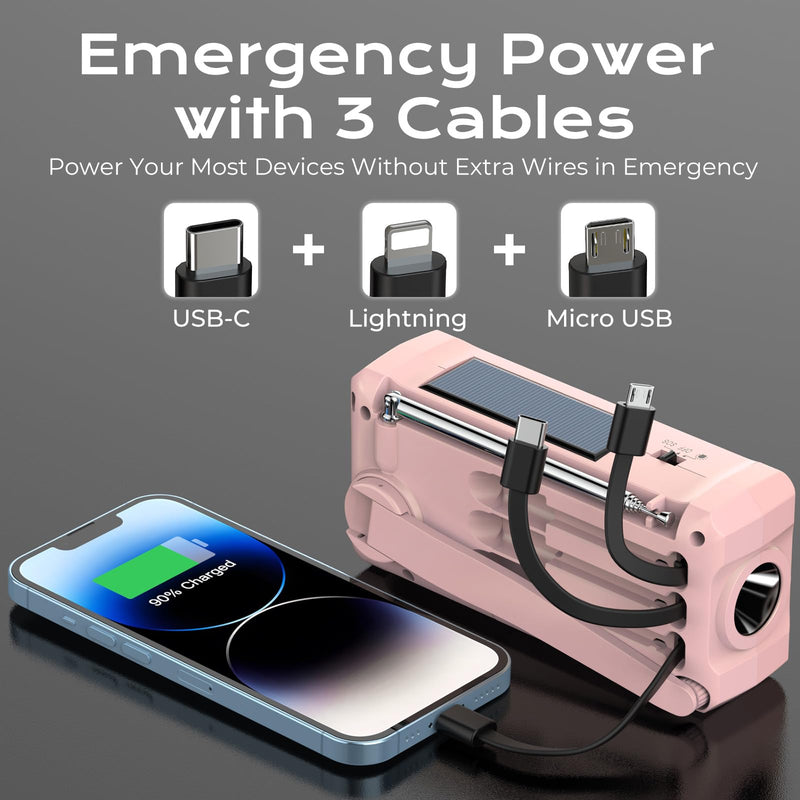 PRUNUS J-366 Emergency Radio with 3 Charging Cables, NOAA Weather Alert | 7400mWh/Solar/Hand Crank/USB-C Charging, Battery Operated, WB/AM/FM, SOS Alarm, Flashlight, Compact for Bag, NOAA Radio Pink