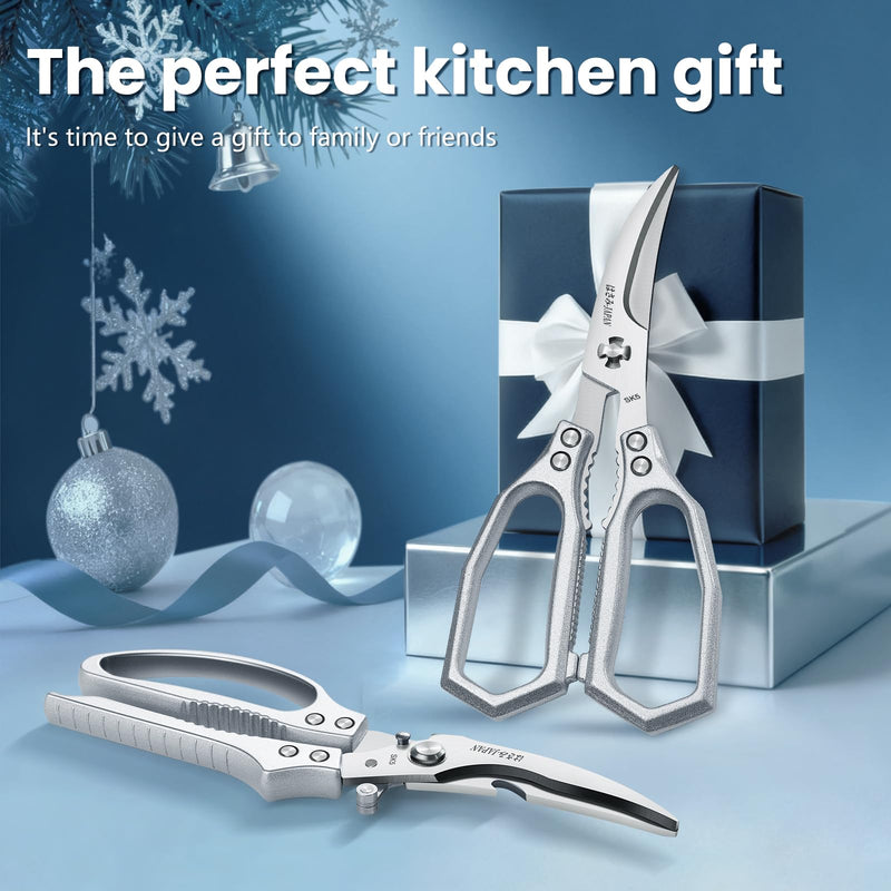 HUUSK Silver Kitchen Scissors Set - Sharp Seafood Scissors & Heavy Duty Poultry Shears for turkey, poultry joints,Crab, Shrimp, Lobster, Nuts - Gift Box White Set of scissors