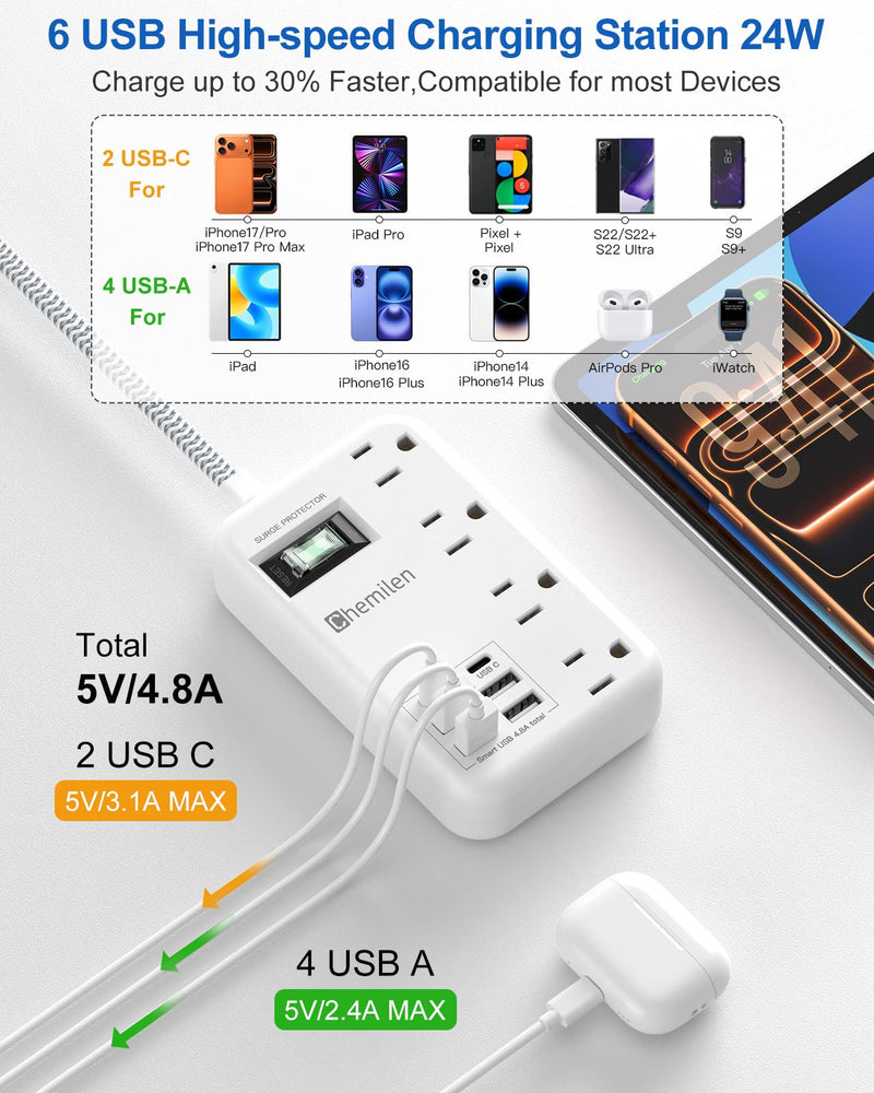 Travel Power Strip with 6 USB (2 USB C), 4 Outlets, 4Ft Extension Cord 13A | 6 USB Charging Station,4.8A,2 USB C,Surge Protector,Switch,Flat Plug,4FT Braided Extension Cord,For Travel Home Office Dorm