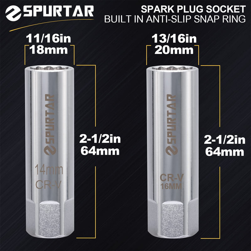 Spurtar 14mm 16mm Spark Plug Socket Set Thin Wall 12-Point 3/8-Inch Drive Spark Plug Tool Set for Auto, Fits BMW Peugeot Benz Nissan Cars Motorcycle SUV ATV with Spring Clips 2pcs CRV Steel Tool 14mm & 16mm