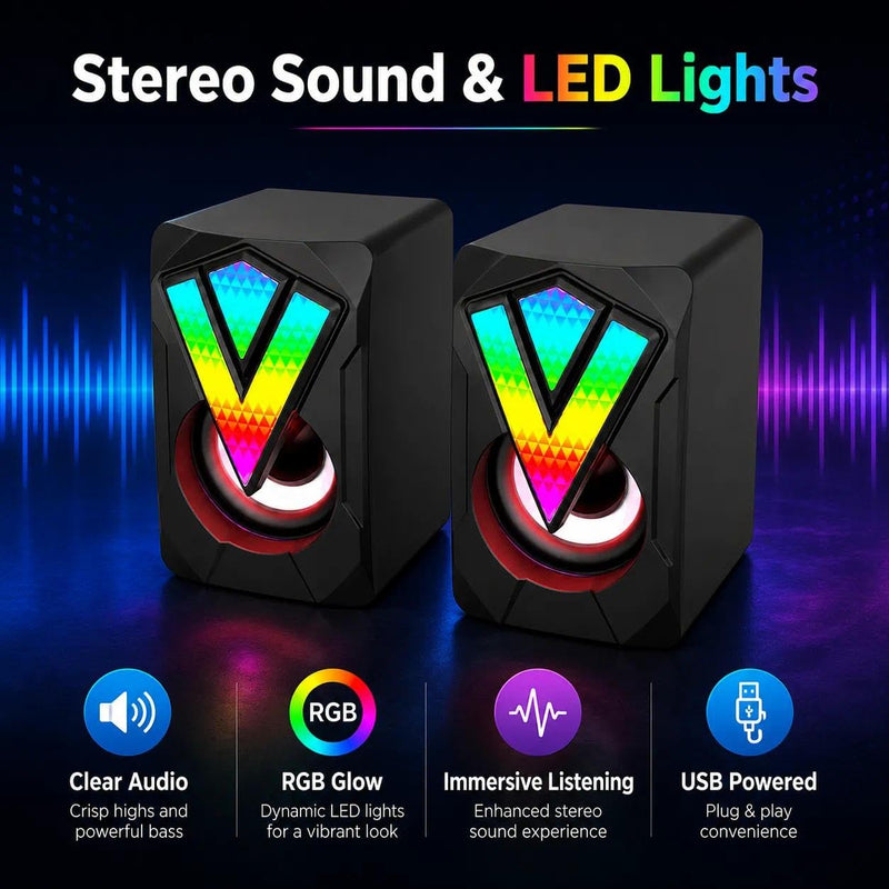 RGB LED Gaming Computer Speakers, 2.0 Channel Stereo Desktop Speakers, USB Wired Multimedia Audio with Colorful Lights for Laptop PC Game Setup Home Office