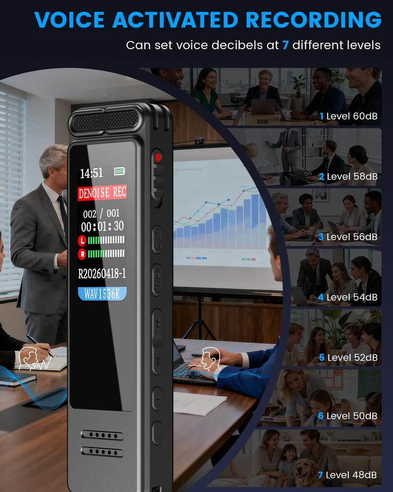 Digital Voice Recorder, Portable Audio Recorder with Built-in Speaker, Voice Activated, WAV, A-B Repeat & Password Protection – Ideal for Meetings, Lectures & Interviews