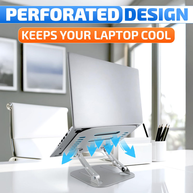 Height & Angle Adjustable Computer Stand for Laptop - Portable Computer Holder for Desk with Ventilation Slots for Enhanced Airflow - Adjustable Laptop Stands for Desk with Non-Skid Silicone Pads
