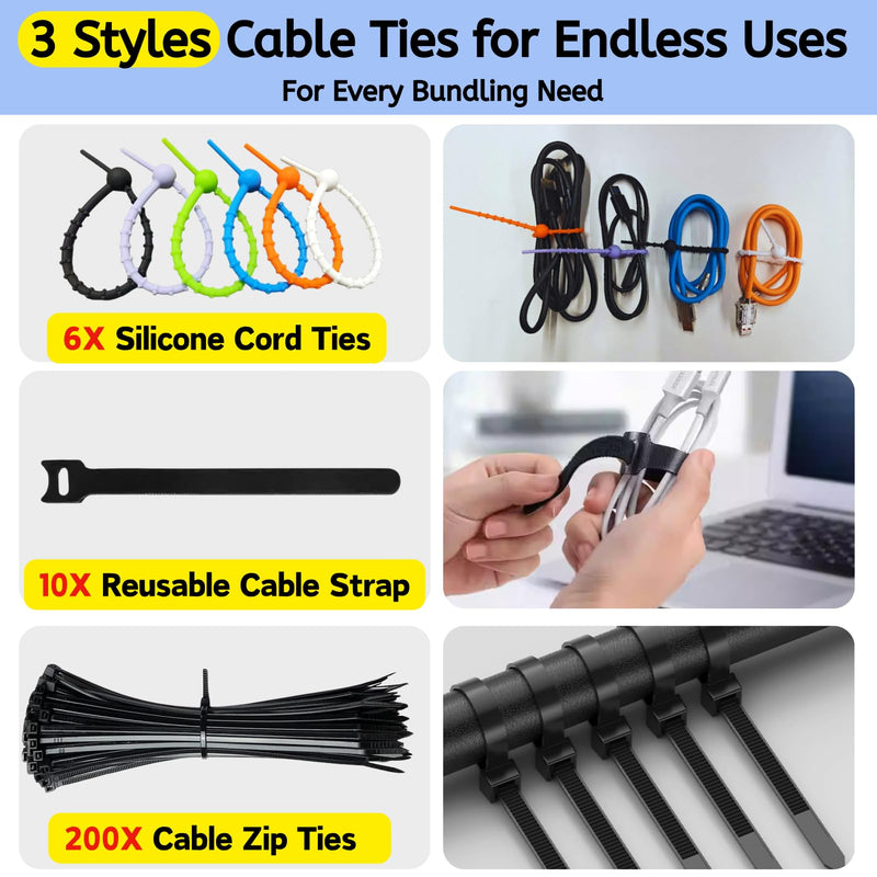 [261Pcs] Cable Management Kit, Cord Organizer, Complete Desk Cable Management Solution to Keep Desk Clean, Cable Organizer Accessories for Home Office Essentials, Black