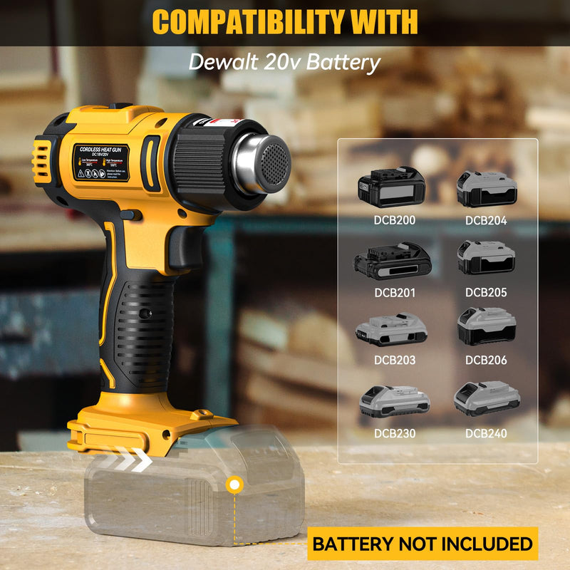LIVOWALNY Cordless Heat Gun Compatible with Dewalt 20v Battery (Tool Only), 350W Fast Heating Soldering Hot Air Gun 122℉-1022℉ Variable Temperature Control with 5 Nozzles for DIY Craft, Shrink Tubing HeatPro Core Yellow -De