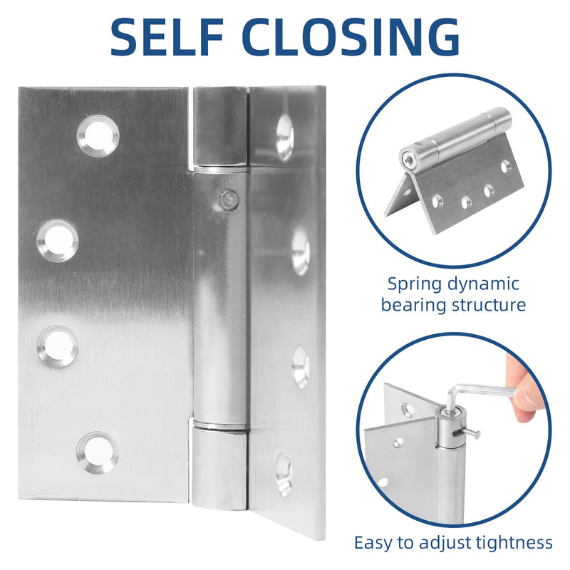 3 Pack Self Closing Door Hinges, 4 Inch Spring Loaded Hinges Adjustable Tension Spring Hinges with Square Corners, Heavy-Duty Door Hardware for Commercial and Residential Doors, Brushed Nickel 3