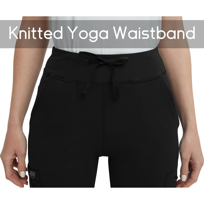 QBK High Rise Yoga Scrub Pants Women - Straight Wide Leg Uniform Pants with Cargo Pocket, Anti-Wrinkle & Knit Yoga Waistband Regular Small Black