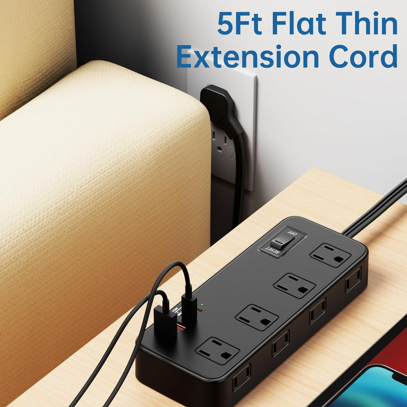 Power Strip with Surge Protector, Outlet Extender,8 AC, 2 USB A,2 USB C Port for 17W Power Strip Charger 5ft Power Cord 1875W 100-250V for Home, Office, Dorm Essential,Black