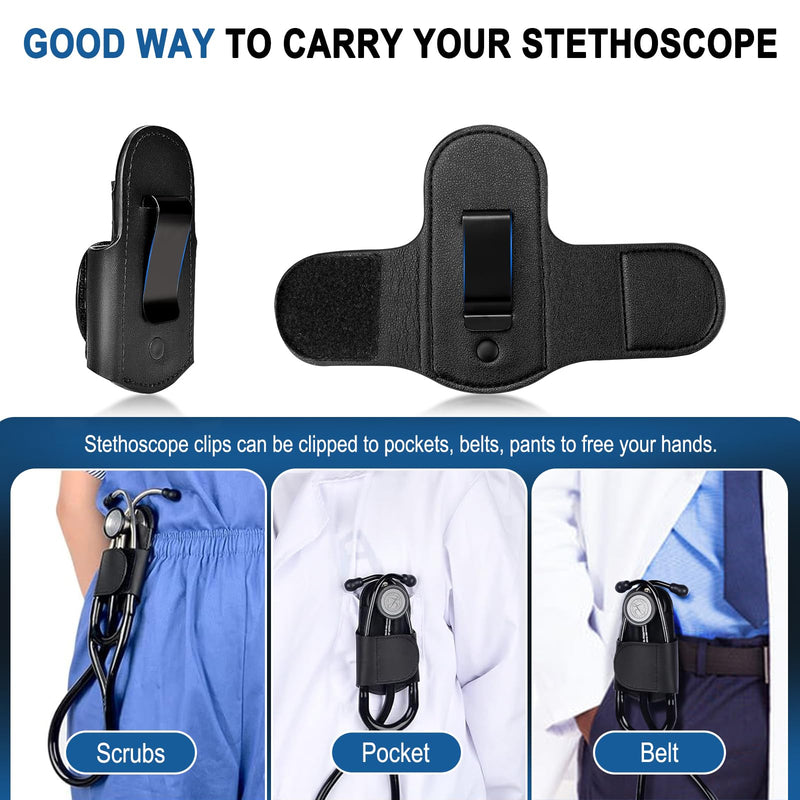 Stethoscope Holder Hip Clip Compatible with Littmann and Most Stethoscopes, PU Leather Stethoscope Holster for Physicians Nurse, Pocket/Belt/Scrubs Stethoscope Clip Accessories for Neck Relief (Black)