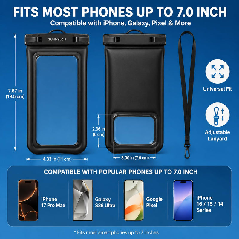 3D TPU Waterproof Phone Pouch, IPX8 Underwater Phone Case 100FT, Touch Screen Cell Phone Dry Bag with Lanyard, 7 Inch Fits iPhone 17-14 Pro Max, Samsung Galaxy S26/S25/S24 Ultra (Blue+Black) Blue+Black