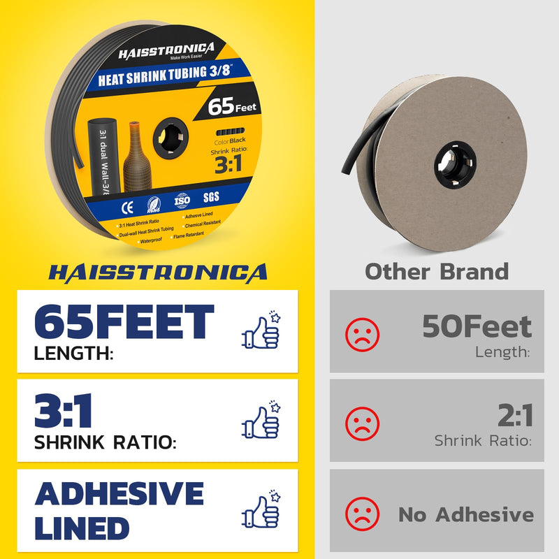 haisstronica 3/8" 65FT Heat Shrink Tubing, 3:1 Shrink Ratio Adhesive Lined, Marine Grade Waterproof Insulation Heat Shrink Tube - Black 3/8inch