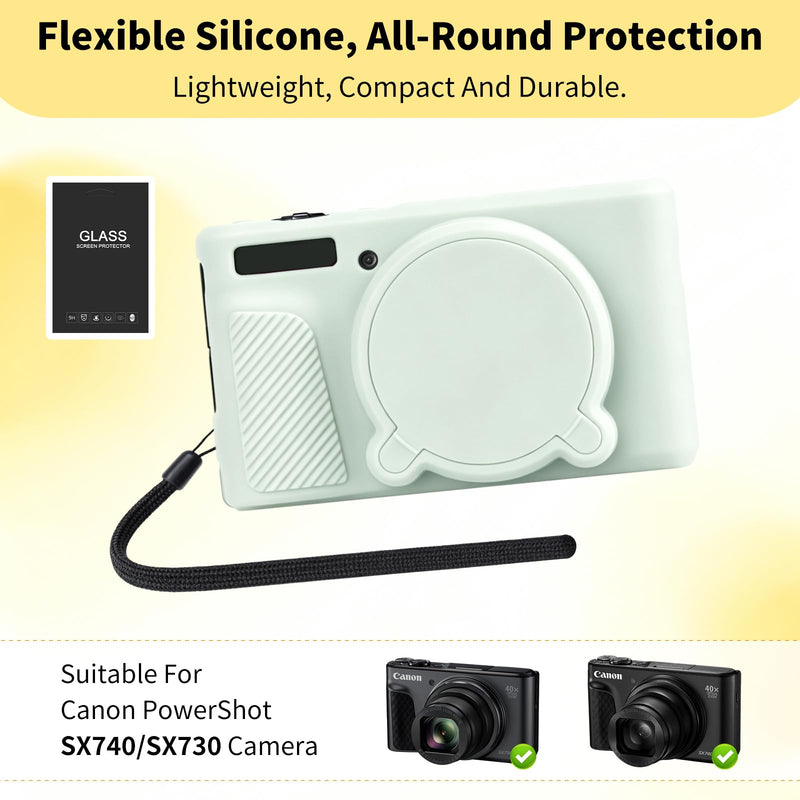 Silicone Case for Canon SX740 HS/SX730 HS +2 Screen Protectors (Green) | Silicone camera case with detachable lens cap, anti-slip shockproof, slim fit. Ideal for travel vlogging & outdoor use Green