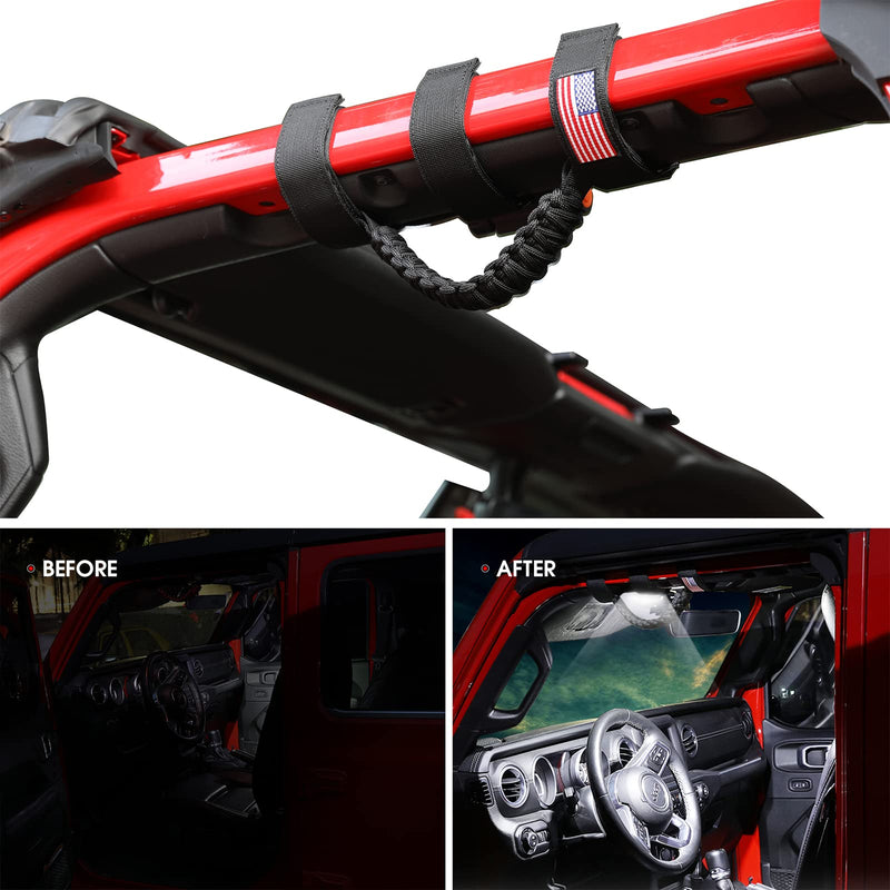 Handles Grab Roll Bar Grab Handles with Light for Jeep Wrangler Accessories TJ JK JL YJ Unlimited Rubicon Sahara 2 Door 4 Door Jeep Gladiator JT, Rechargeable Dome Light, Black, 2 Pack 2 Piece With LED Light