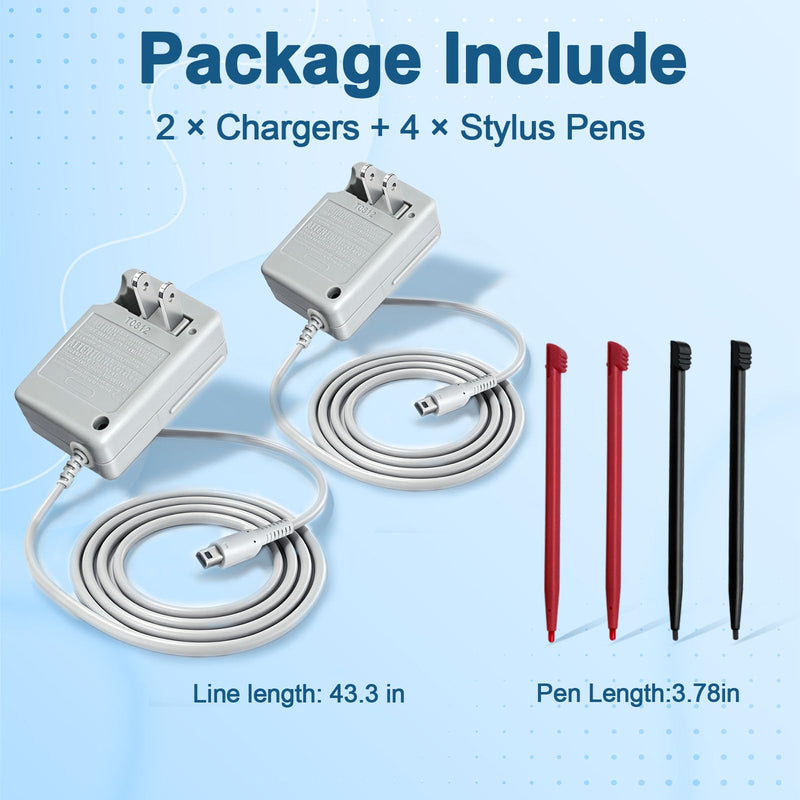 Vrviny 2 Pack 3DS Charger + 4 Stylus Pens, 100-240V AC Wall Plug Adapter | Compatible with Nintendo 3DS/DSi/DSi XL/3DS XL/2DS/2DS XL/New 2DS/New 3DS/New 3DS XL/New 2DS XL