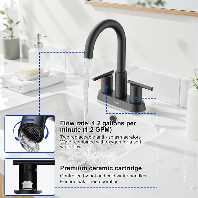 Hurran 4 Inch Bathroom Faucet for Sink 3 Hole, Matte Black Bathroom Faucet with Pop-up Drain and 2 Supply Hoses,Stainless Steel Lead-Free 2-Handle Centerset Faucet for Sink Vanity RV