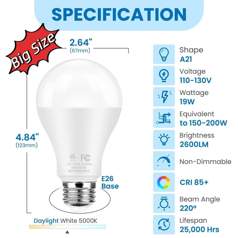Super Bright LED Light Bulbs, 150 Watt Equivalent, 5000K Daylight White, 2600 High Lumen, E26 Base, Non-Dimmable, A21 19W Energy Efficient Bright White LED Bulbs for Home Office Porch, 6-Pack