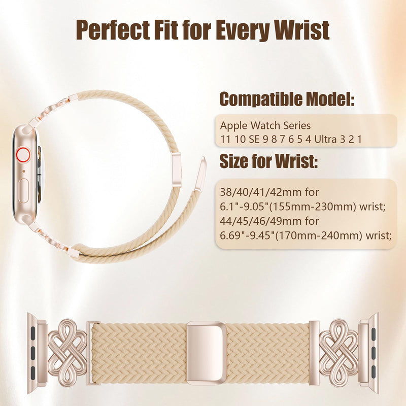 Magnetic Braided Stretchy Band Compatible with Apple Watch Bands Women | Dressy Metal Celtic Knot Nylon Strap for iWatch 38mm 40mm 41mm 42mm 44mm 45mm 46mm Series 11 10 SE 9 8 7 6 5 4 Ultra 3 2 1 Starlight/Starlight 38/40/41/42mm(Series 11/10)