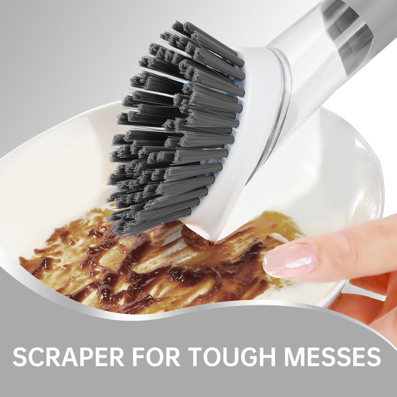 Soap Dispensing Scrub Brush - 4-in-1 Kitchen Cleaning Brush with Built-in Tank, Scraper Heads for Stubborn Grime on Pots Pans, Stand/Hang Storage-Grey 5 Gray