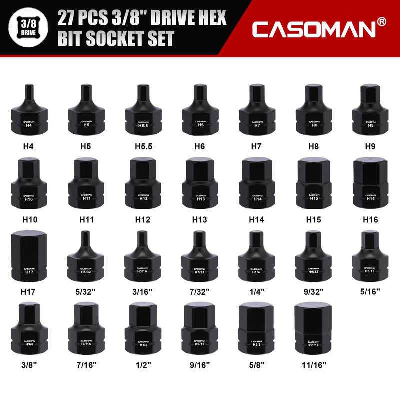 CASOMAN 27-Piece 3/8" Drive Low Profile Impact Hex Bit Socket Set, S2 Steel Allen Bit Socket Set, SAE & Metric, Includes Storage Case