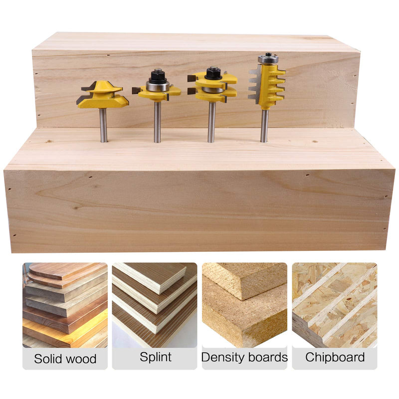 45 Degree Lock Miter Router Bit & T Shape Tongue and Groove Bit & Finger Joint Bit 1/4 Inch Shank Woodworking Milling Cutter Tool 4-Piece Set Splicing Router Bit Set 1