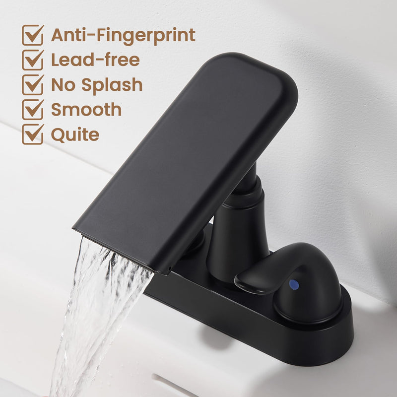 Matte Black Bathroom Faucet 4 Inch Centerset, Waterfall Plastic Bathroom Sink Faucet with Pop Up Drain, Dual Handle, 360° Swivel Spout, Fits 2 or 3 Hole Lavatory Sink, Modern Design, Non-Metallic 1 Pack Matte Black