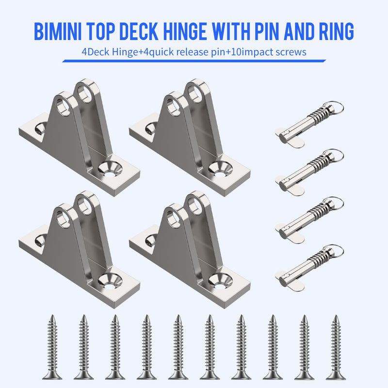 Bimini Top Deck Hinge Kit - 316 Stainless Steel Marine Hardware with Quick-Release Pins, 4 Hinges + 10 Impact Screws - Corrosion-Proof Mounting for Boats, Kayaks, Canoes