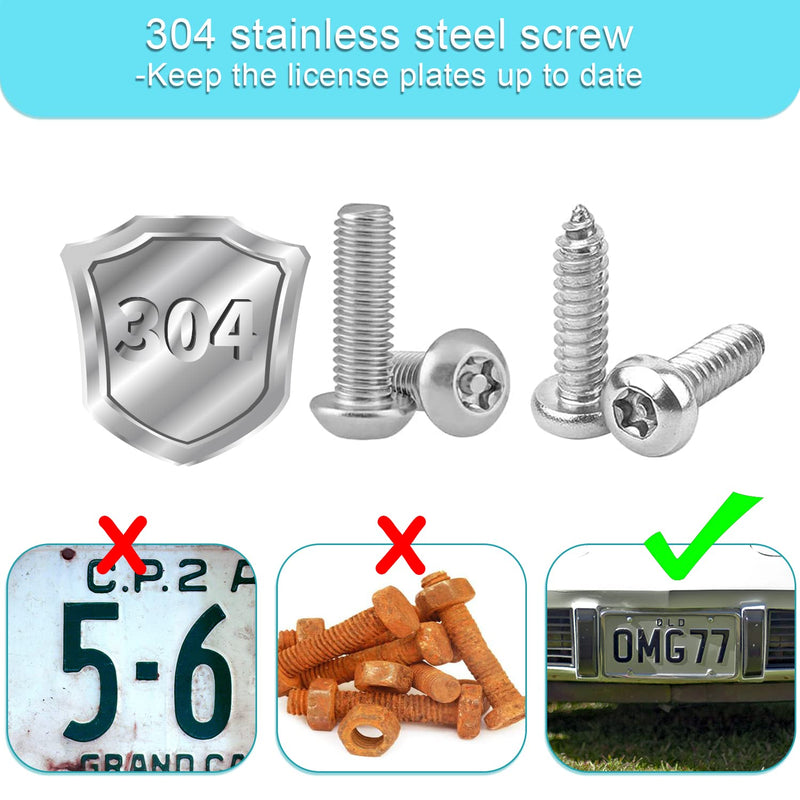 Anti Theft License Plate Screw Kit Tamper Proof License Screws Car License Plate Bolts 304 Stainless Steel Plate Mounting Hardware - 1/4’’ Screws with Chrome Screw Caps Silver
