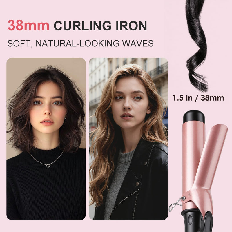 Large Barrel Curling Tongs 38mm, Ceramic Hair Curler with 14 Adjustable Temperature, Big Curling Wand Iron for Soft Waves and Long-Lasting Curls, Dual Voltage