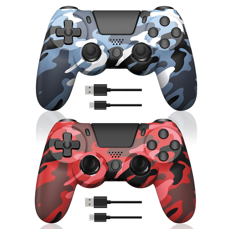 hosowe 2-Pack Wireless Controllers for PS4, Game Controllers Compatible with PS4/Pro/Slim/PC, Dual Vibration, 6-Axis Gyro Sensor, Touch Panel, Built-in Speaker & Headphone Jack, Camouflage Red & Blue Camo Red& Blue