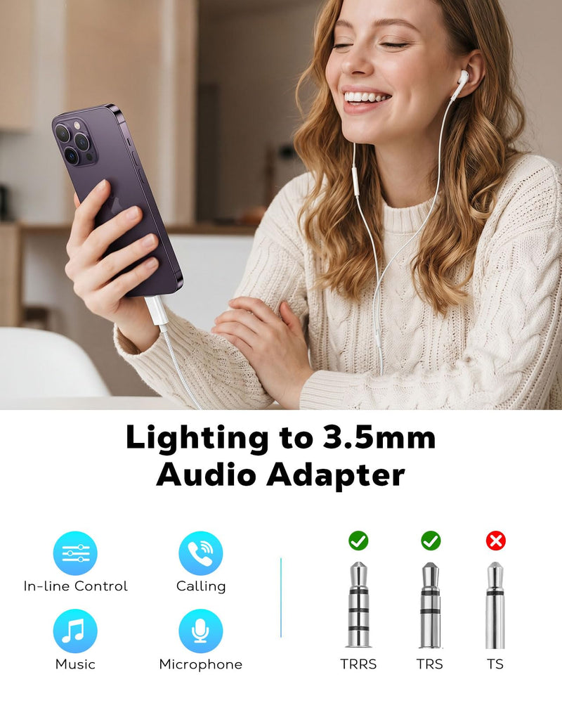 MoKo Lightning to 3.5mm Headphone Jack Adapter, with Call & in-line Control | Cable-free Direct-plug Adapter, Support Microphone & In-Line Control, Smart DAC Chip, For iPhone 14/13/12/11/iPad Mic Supported White