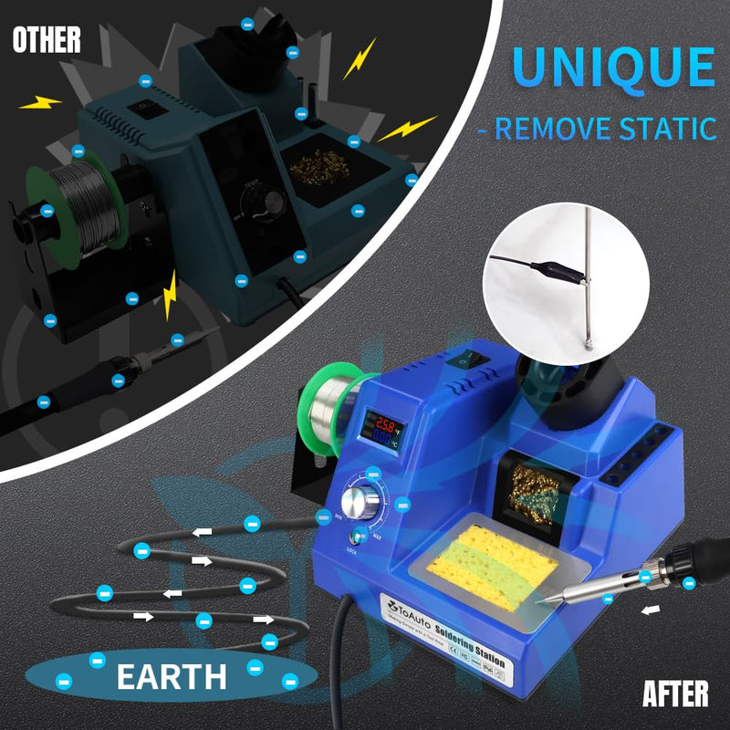 TOAUTO DS90 Soldering Station-°F & °C Dual Digital Display Soldering Iron Station Kit,90W Soldering Iron,302℉- 842℉ Temperature, Anti-Static & Grounding Wire, Auto Standby & Sleep,5 Solder Tips, Blue