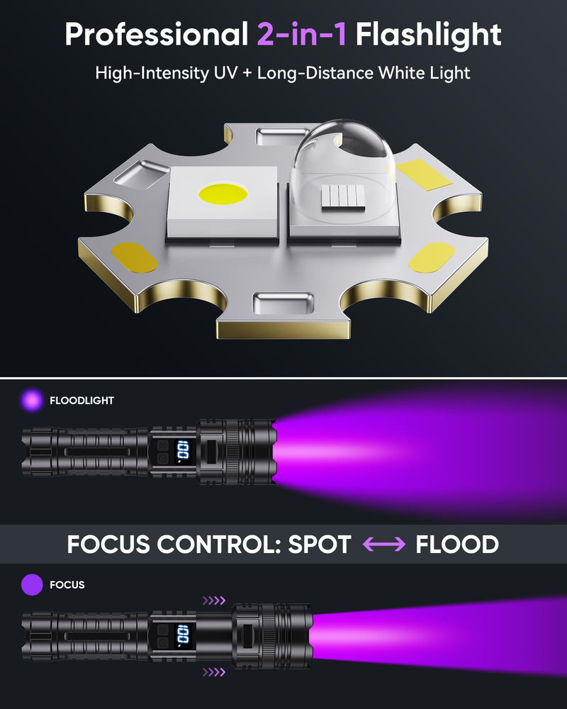 Flashlight Rechargeable with UV Light and White Light, 365NM Blacklight and High lumens White Light with LCD Display, Zoomable 6 Modes for Memory Function, for Pet Urine Detection, Camping, Emergency