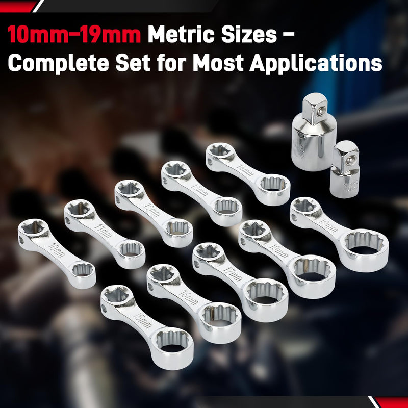 12PCS Metric Torque Adapter Set, 10–19mm Torque Wrench Extension Adapter, 3/8" Drive, 12 Point Box End Torque Wrench Adapter Set, Chromium Vanadium Steel with 1/2" & 1/4" Adapters Metric 10–19mm