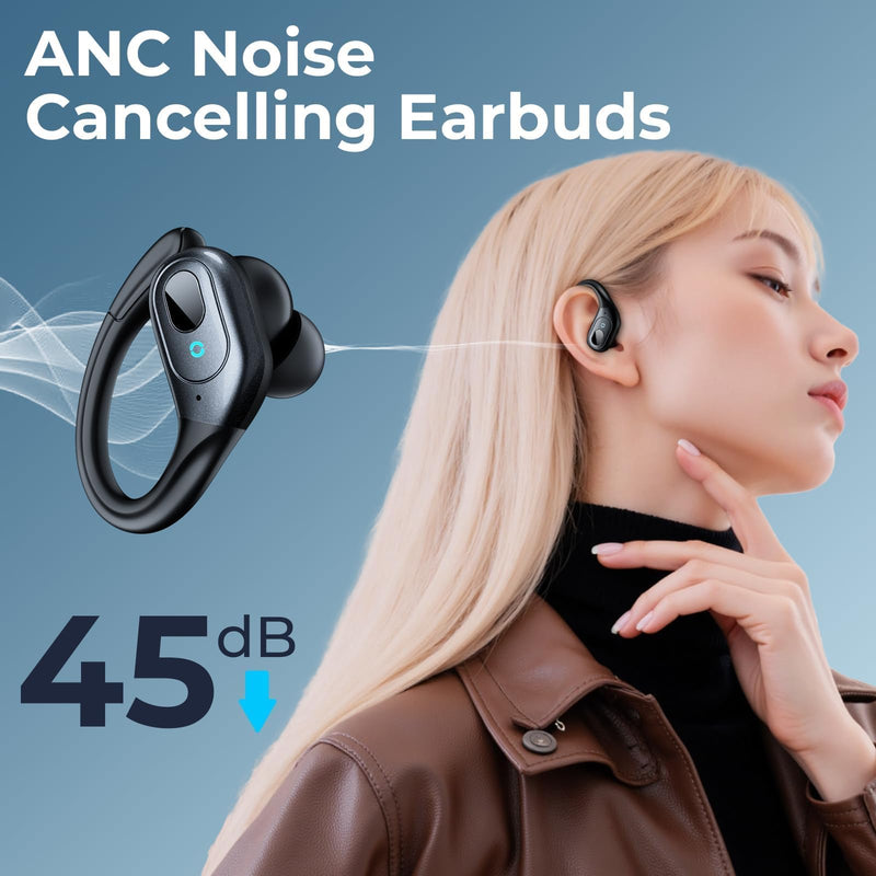 occiam Active Noise Cancelling Earbuds Wireless Bluetooth Headphones | Ear Buds 90Hrs Playback Stereo Bass Earphones with Mic Over-Ear Hooks IPX7 Waterproof Headset for Sports Running Matte Black