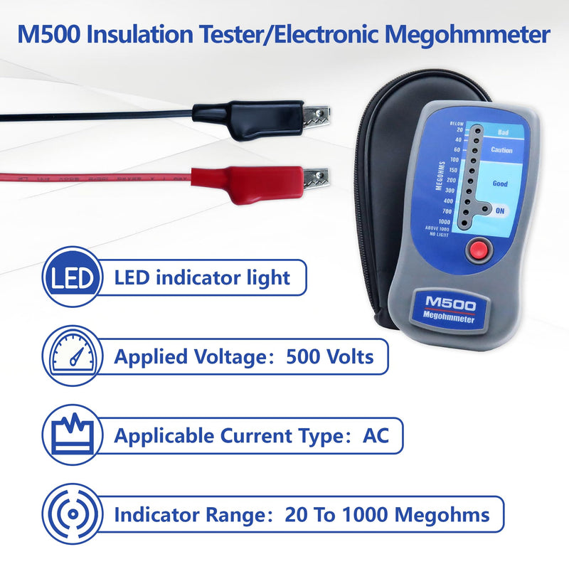 M500 Insulation Tester MEGOHMMETER, Compatible with Supco M500 Electronic Megohmmeter, Multimeter Tester, Compressor Tester HVAC, Battery Operated, 1000 Megohms at 500 Volts, with Soft Carrying Case