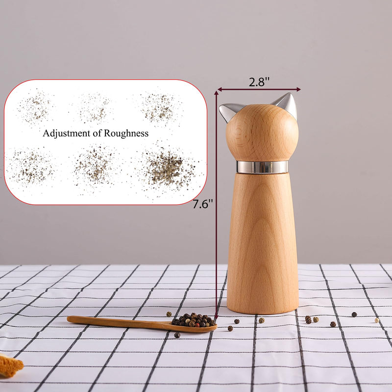 Manual Pepper Mill & Salt Grinder - Wood Adjustable Refillable Pepper Mill with Cat Design,Cute Kitchen Gift with Handle (7.6" Height)