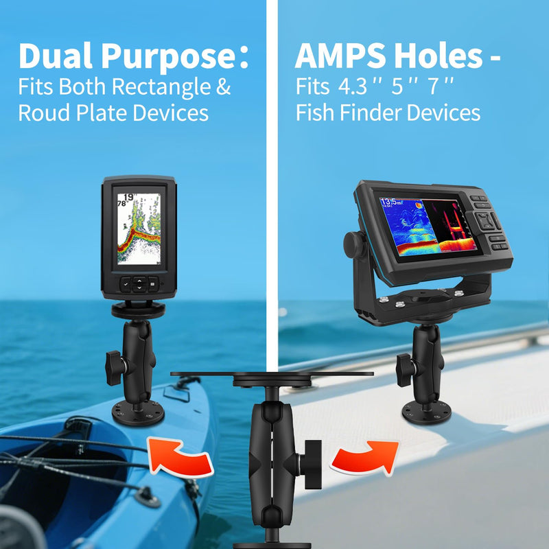 S108 Aluminum Alloy Fish Finder Mount Base, 5.4" Dual Purpose Mount with Rectangle Plate & Round Plate, 360° Rotation Marine Electronic Mount Compatible with Garmin, Lowrance, Humminbird