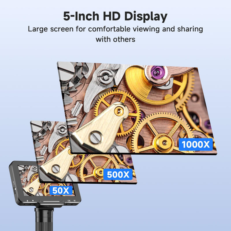 5" LCD Digital Soldering Microscope with Flexible Stand, 1000X Magnification for Electronics Repair & Coins, 1080P PC View, 8 LEDs (Micro SD Card Not Included)